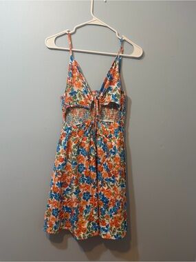 SHEIN Blue & Orange Floral Tie-Front Sundress